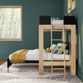 Modern green bedroom with natural wood loft bunk bed and ladder, white bedding, striped pillows, mustard throw, forest-view window