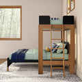 Wooden twin loft bunk bed with ladder, mint green bedding, navy throw and striped pillows in a modern kids' bedroom by a large window with forest view