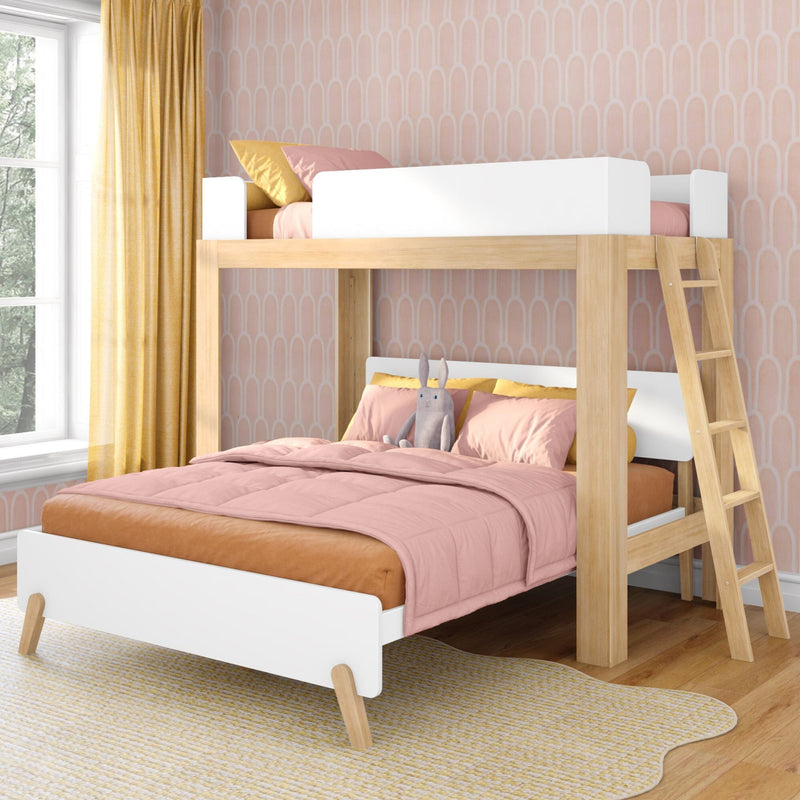 Scandinavian-style natural wood bunk bed with ladder, pink bedding and plush bunny in a bright kids' bedroom with mustard curtains and arched pink wallpaper