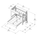 Isometric blueprint of a wooden loft bunk bed frame with ladder and slatted mattress supports, annotated with dimensions in inches and centimeters for space-saving bedroom furniture