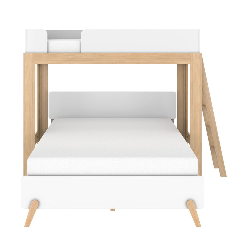 Modern Scandinavian wooden loft bed with white panels and angled ladder, minimalist bunk bed design for kids' bedrooms and small spaces