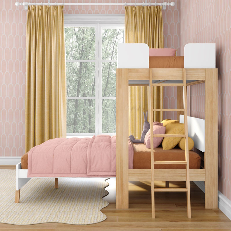 Modern kids bedroom with wooden loft bunk bed, pink comforter and pillows, mustard curtains, pastel pink patterned wallpaper, large window and scalloped rug, ideal children's room décor and bunk bed design