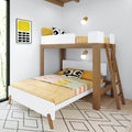 Modern wood-and-white bunk bed for kids with ladder in minimalist bedroom, yellow bedding, geometric rug and wall sconces