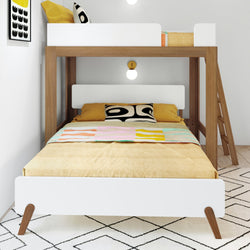 20-813-527 : Bunk Beds Mid-Century Modern L-Shaped Twin Over Queen Bunk Bed With Ladder on End, Pecan & White