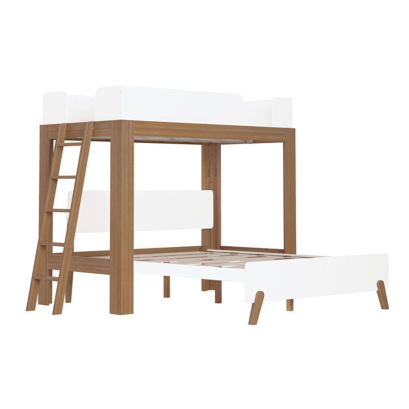 Modern wooden loft bed with white accents and integrated ladder ideal for small spaces.