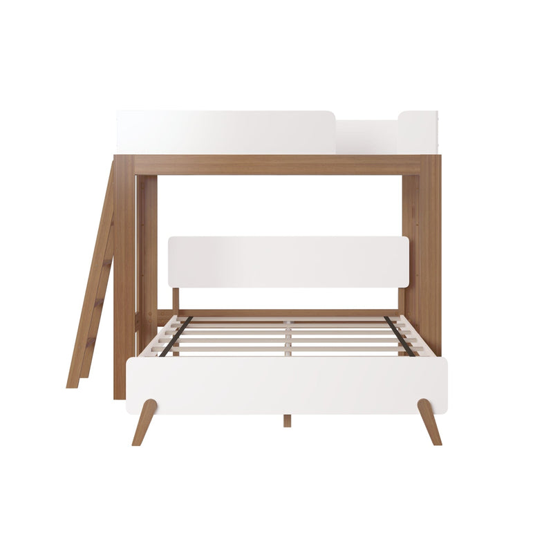 Modern wooden loft bunk bed with white panel accents, ladder, slatted lower bed platform and mid-century angled legs in natural wood finish, minimalist kids bedroom furniture