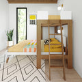 Modern Scandinavian kids bedroom featuring a wooden loft bunk bed with ladder, yellow bedding and striped throw, geometric rug, potted snake plant and tall window providing natural light.