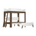 Modern twin-over-full loft bunk bed with walnut wood frame and white panels, angled ladder and lower bed platform, space-saving design for kids' bedroom