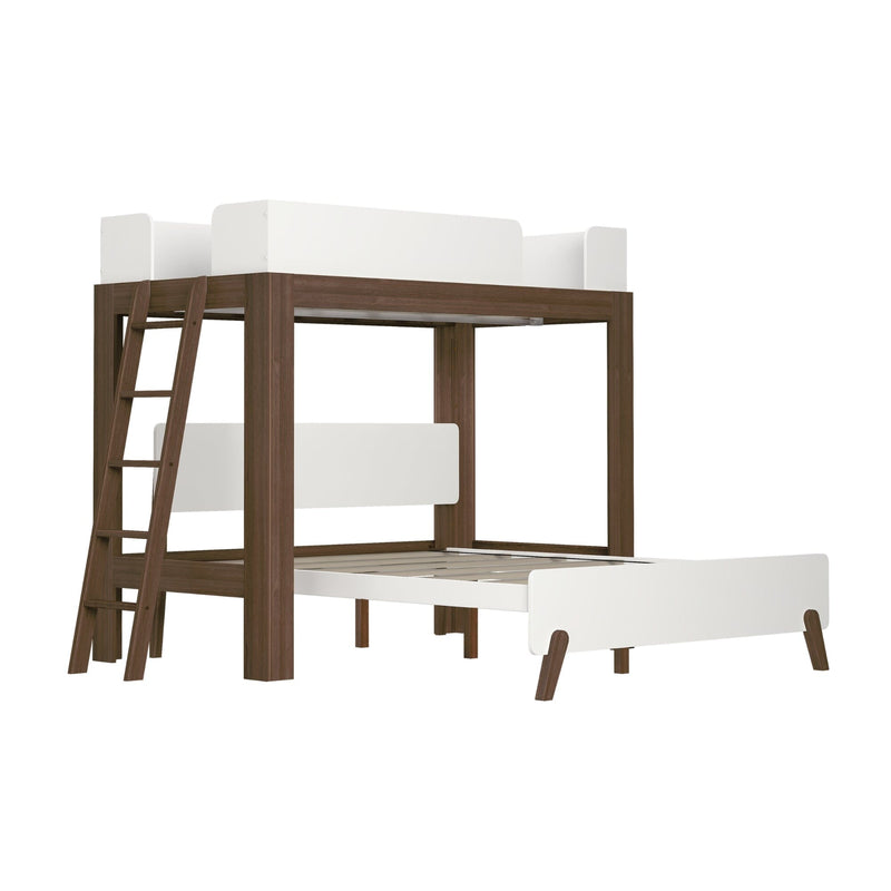 Modern twin-over-full loft bunk bed with walnut wood frame and white panels, angled ladder and lower bed platform, space-saving design for kids' bedroom