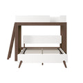 Mid-century modern twin-over-full wooden bunk loft bed with white accents, slatted platform and side ladder in walnut finish, ideal for kids and teens