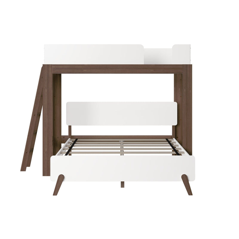 Mid-century modern twin-over-full wooden bunk loft bed with white accents, slatted platform and side ladder in walnut finish, ideal for kids and teens