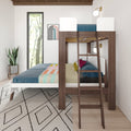 Modern bedroom with walnut loft bunk bed and ladder, full-size lower bed with colorful bedding, geometric rug, potted plant, and tall window