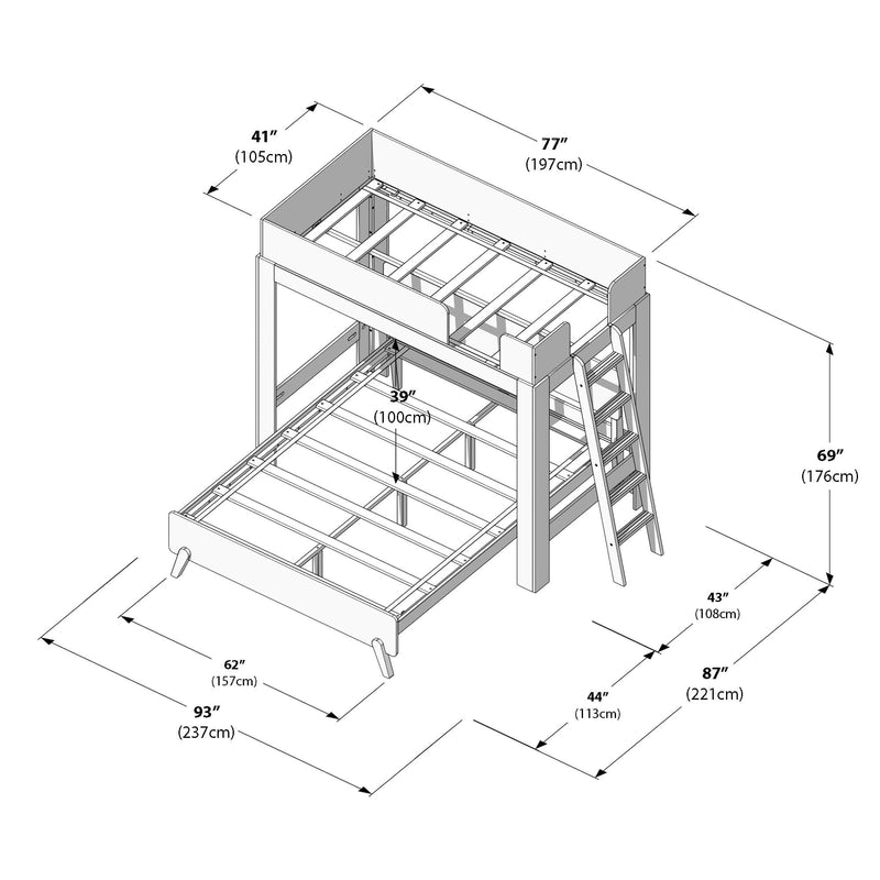 Isometric assembly diagram of a wooden twin-over-full loft bunk bed with ladder and lower full-size bed frame, showing detailed dimensions in inches and centimeters
