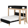 Twin-over-full natural wood bunk bed with black guardrails and ladder, space-saving kids' bedroom furniture