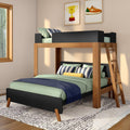 Modern wooden twin-over-full bunk bed with ladder in a bright children's bedroom, mint green bedding, navy throw, striped pillows, framed trophy and sneaker wall art, window and patterned rug
