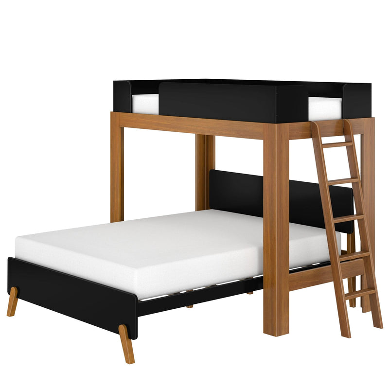 Mid-century modern walnut wood twin-over-full bunk bed with matte black panels, built-in ladder and white mattresses, space-saving kids' bedroom furniture