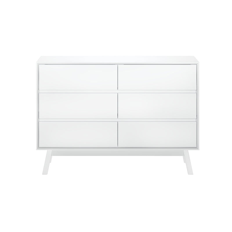 White six-drawer modern dresser with sleek minimalist design for bedroom furniture storage.