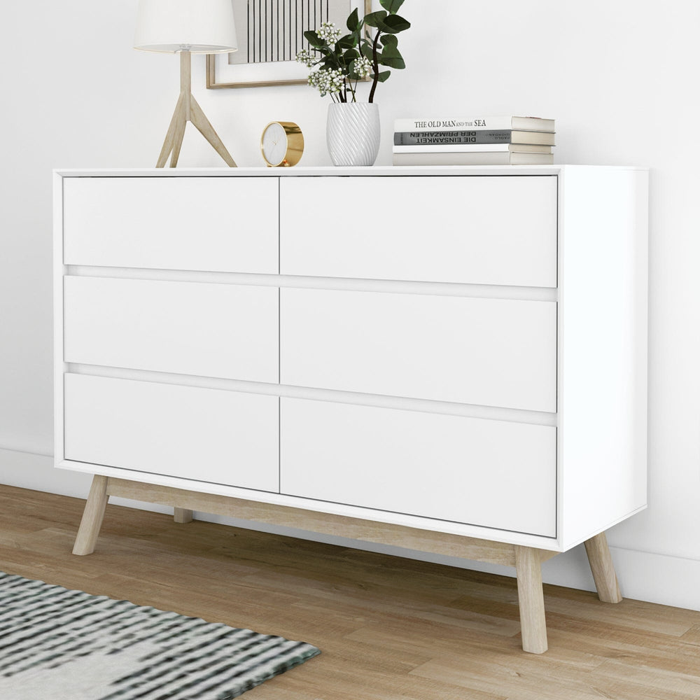 200006-202 : Furniture Mid-Century Modern 6-Drawer Dresser, White/Blonde