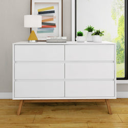 200006-207 : Furniture Mid-Century Modern 6-Drawer Dresser, White/Pecan