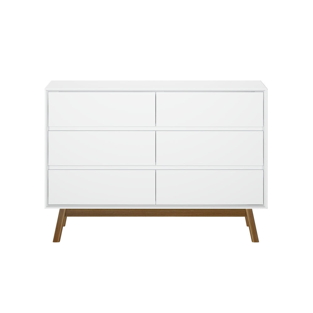 200006-207 : Furniture Mid-Century Modern 6-Drawer Dresser, White/Pecan