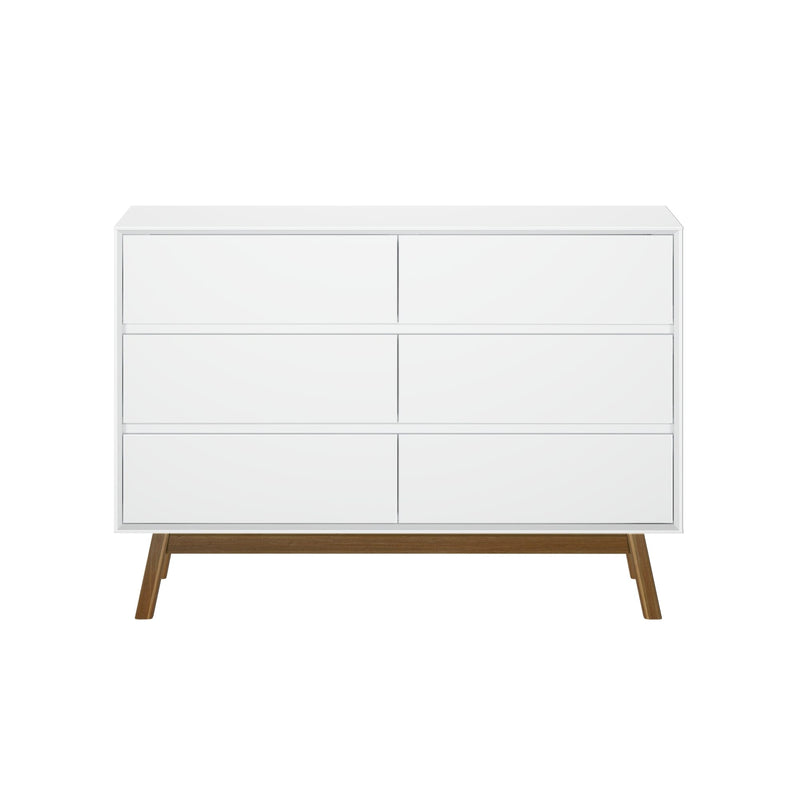 Modern white six-drawer dresser with wooden legs for bedroom storage.