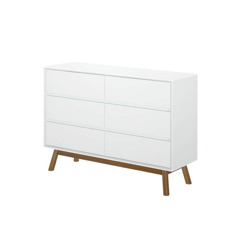 White modern dresser with six drawers and wooden legs, perfect for bedroom storage solutions.