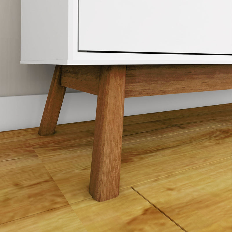 Close-up of modern wooden furniture legs on polished wooden floor.