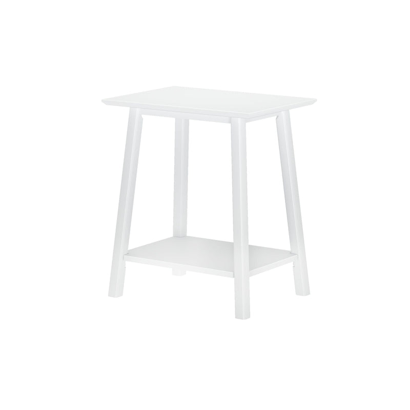 White minimalist side table with lower shelf and angled legs — modern small end table for bedroom or living room