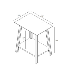 Isometric technical drawing of a small rectangular side table with lower shelf and tapered legs, dimensions 23 in W × 16.25 in D × 25.5 in H and 18 in shelf clearance