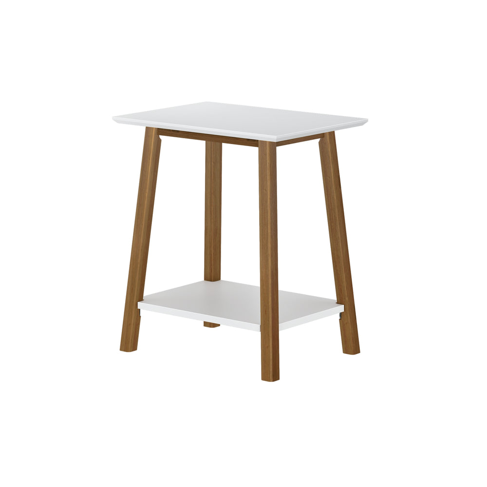 Modern white and wood side table with storage shelf.