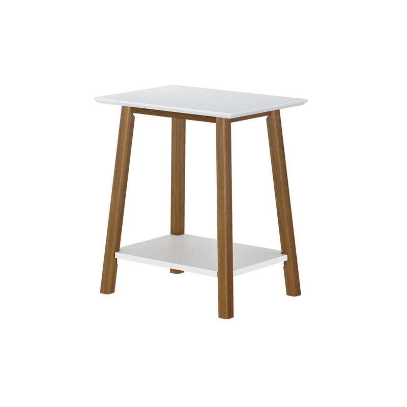Modern white and wood side table with storage shelf.