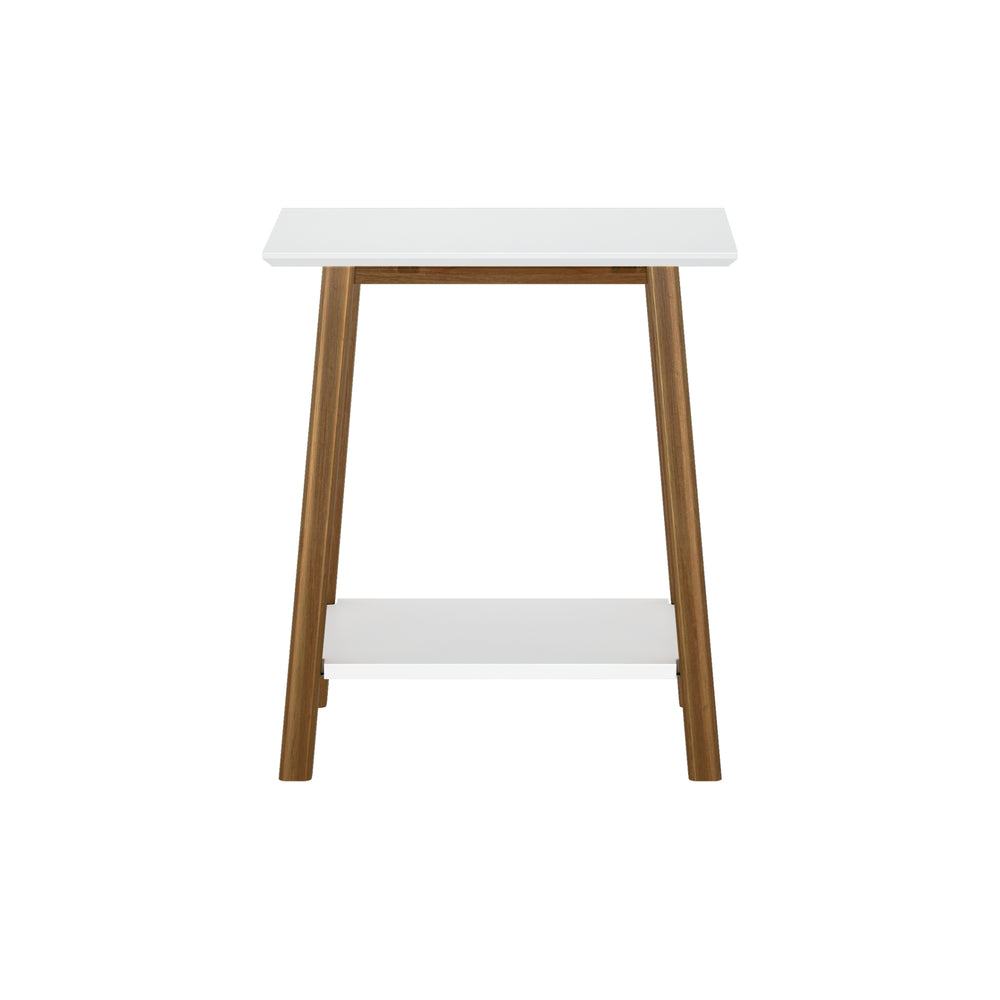 Modern minimalist wooden stool with white top and lower shelf for home decor.