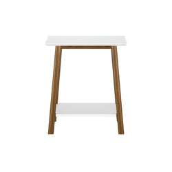 Modern minimalist wooden stool with white top and lower shelf for home decor.
