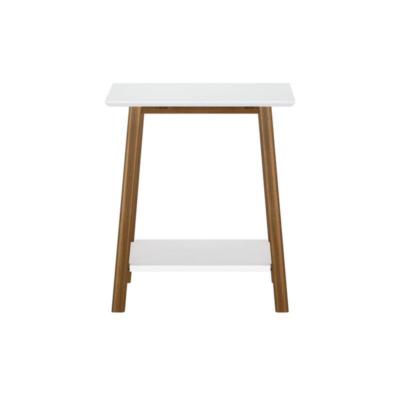 Modern minimalist wooden stool with white top and lower shelf for home decor.