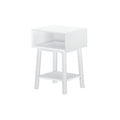 White modern bedside table nightstand with open cubby and lower shelf, minimalist Scandinavian-style wooden legs for bedroom storage