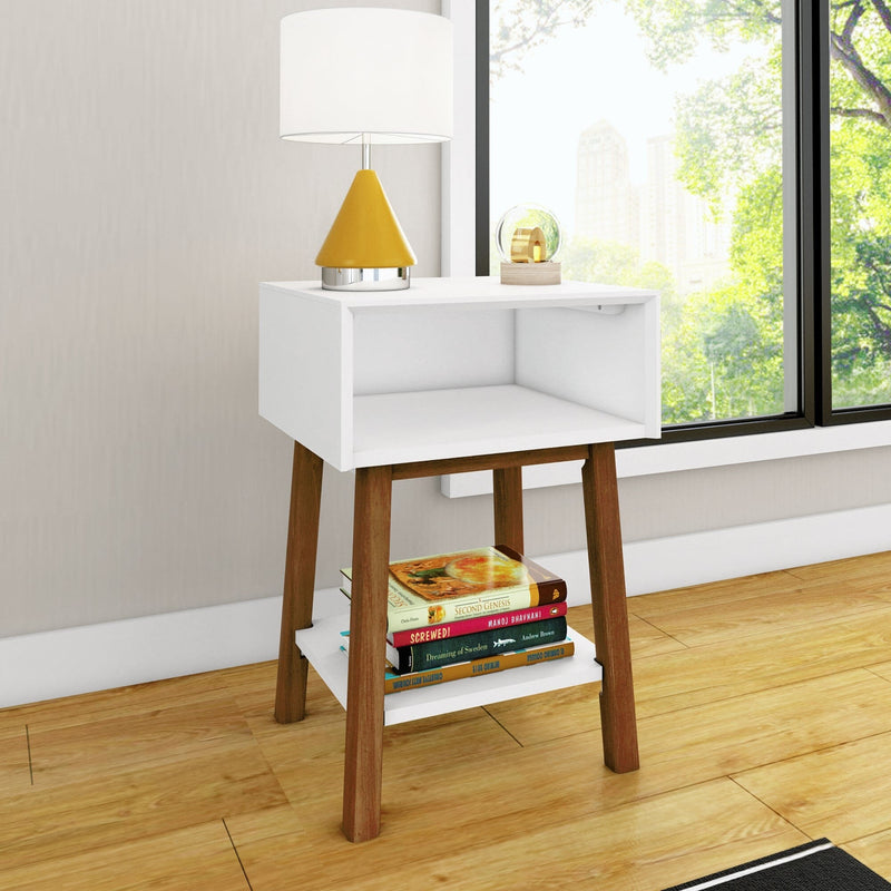 200010-207 : Furniture Mid-Century Modern Cubby Nightstand, White/Pecan