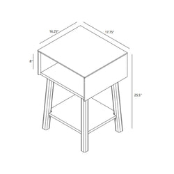 Isometric assembly diagram of a modern wooden nightstand / bedside table with open cubby and lower shelf, labeled dimensions 17.75 in x 16.25 in (top), 25.5 in overall height and 8 in cubby height, mid-century modern side table specification
