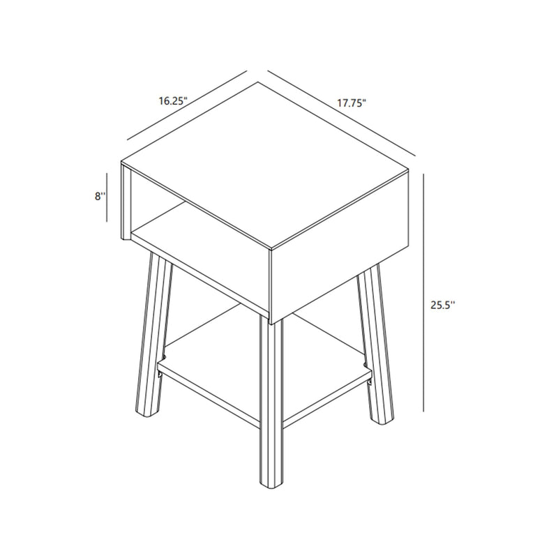 Isometric assembly diagram of a modern wooden nightstand / bedside table with open cubby and lower shelf, labeled dimensions 17.75 in x 16.25 in (top), 25.5 in overall height and 8 in cubby height, mid-century modern side table specification