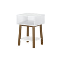 Modern white bedside table with open cubby and lower shelf, angled walnut legs, compact mid-century nightstand end table for bedroom