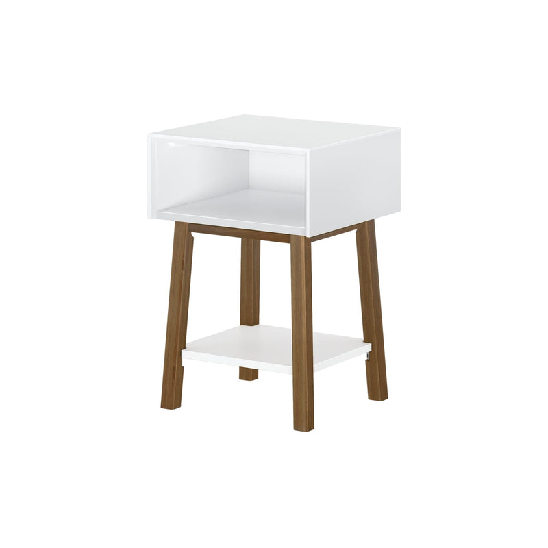 Modern white bedside table with open cubby and lower shelf, angled walnut legs, compact mid-century nightstand end table for bedroom