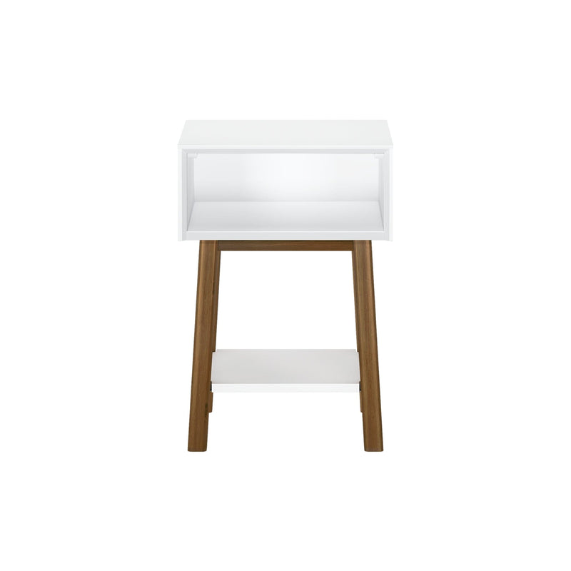 Mid-century modern white and wood side table with open shelf.