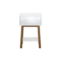 Mid-century modern white bedside table nightstand with open cubby, lower shelf and walnut tapered legs