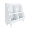 White mid-century modern wooden bookshelf with angled sides and six cubby storage compartments on tapered legs, ideal children's toy and book organizer