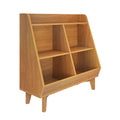 Mid-century modern wooden bookshelf organizer with angled cubby compartments, oak finish and tapered legs for living room storage