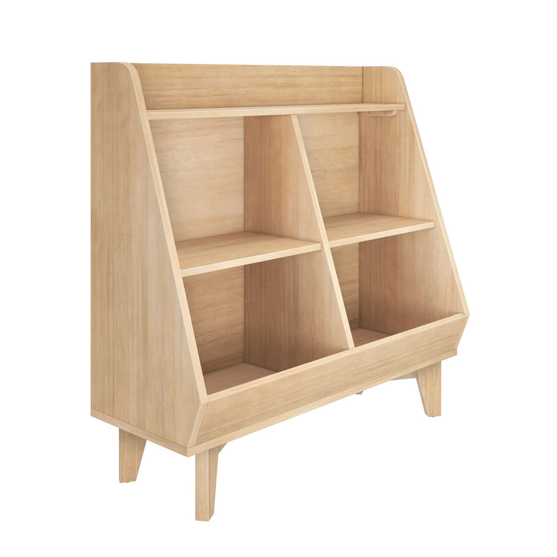 Natural light wood mid-century modern open bookshelf with cubby shelves and tapered legs, freestanding wooden bookcase storage unit for living room or nursery