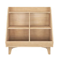 Light oak shelving unit with four cubbies and two shelves, mid-century modern storage organizer for living room or home office