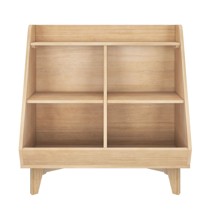 Light oak shelving unit with four cubbies and two shelves, mid-century modern storage organizer for living room or home office