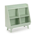 Mint green wooden kids bookcase and toy storage organizer with six open cubby shelves, mid-century modern design