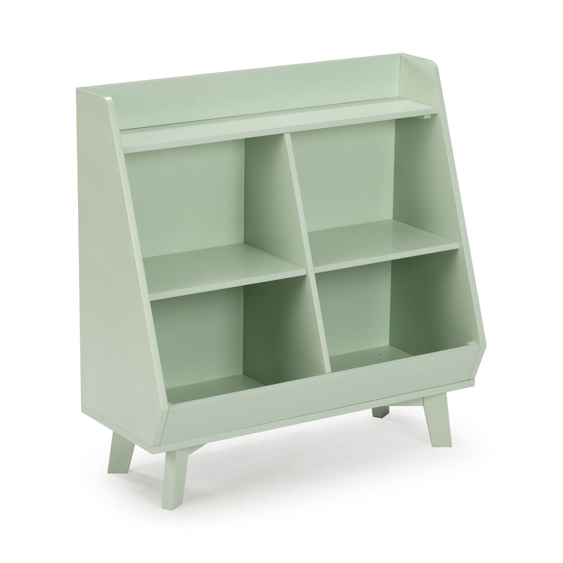 Mint green wooden kids bookcase and toy storage organizer with six open cubby shelves, mid-century modern design