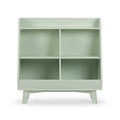 Mint green wooden 4-cubby bookshelf with angled sides and mid-century modern tapered legs, children's nursery storage organizer